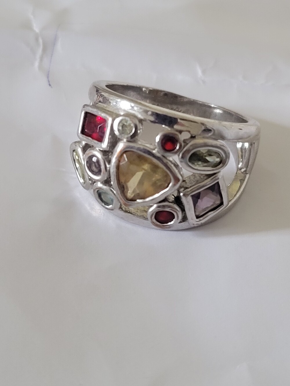 LIA Sophie-Gemstone Silver Statement Ring - Yellow, Red, Purple, Green Accents